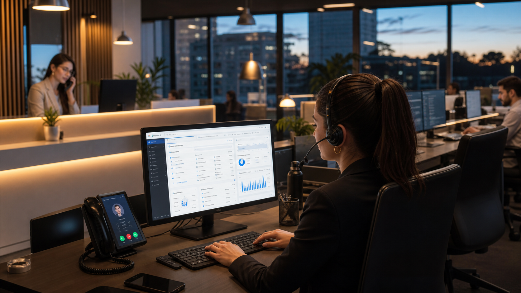 Standard IA SKILLCO dans un environnement professionnel avec accueil téléphonique et tableau de bord